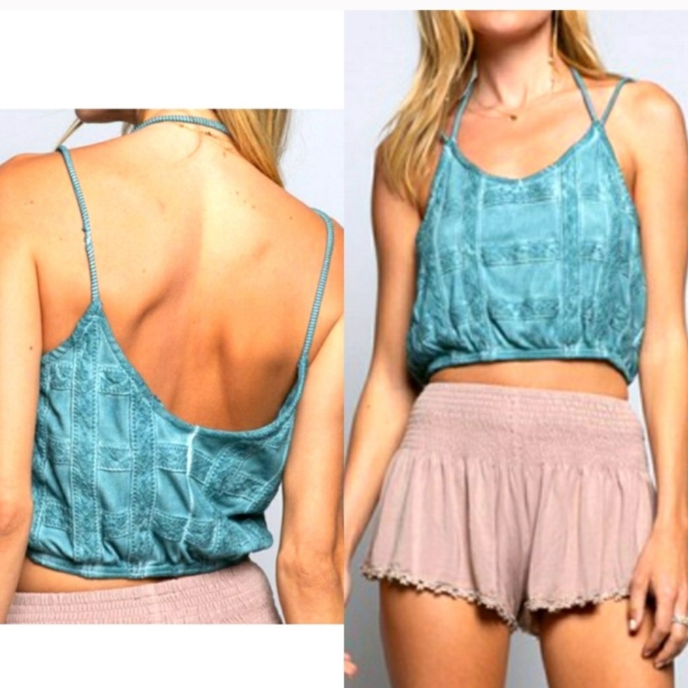Teal Cropped Lace-Panel Tank Top - Unbranded